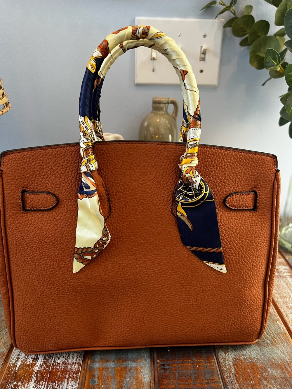 NWOT Birkin Style Pebbled Satchel Tote Bag - Cognac Brown - Picture 4 of 12